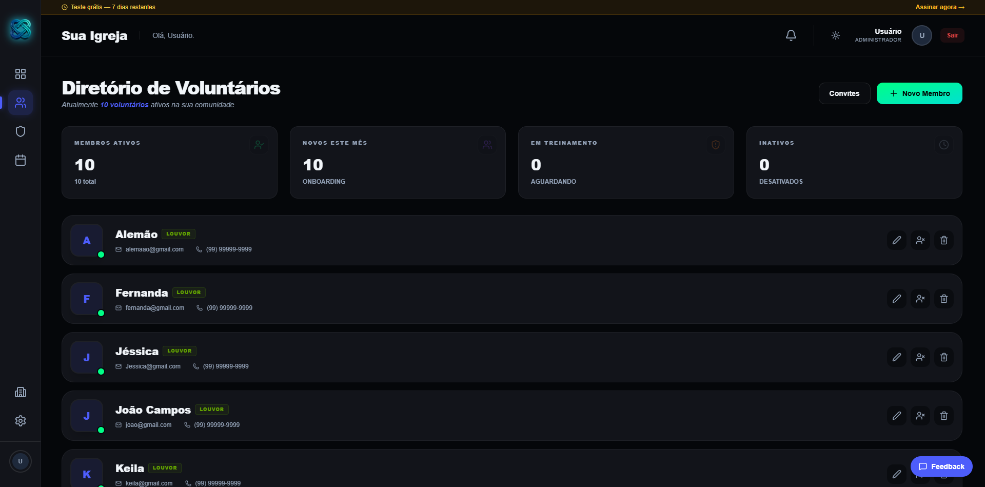 Tela de Membros do Organizee